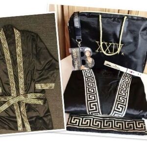 Black Satin Robe with Gold Greek Key Accents